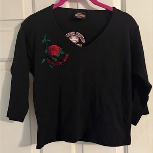 Vintage Harley-Davidson Black V-Neck Top with Red Rose Embroidery